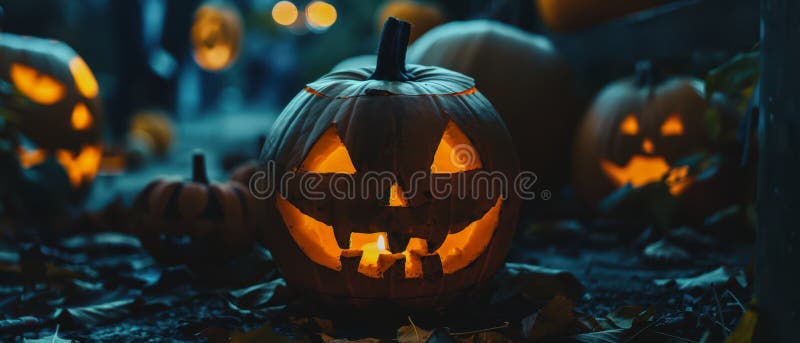 Lentes jackolanterns en un camino en una noche de halloween. Calabazas talladas emiten un cálido resplandor a lo largo de un camino decorado para halloween rodeado de hojas secas y una atmósfera encantadora. generado por ai