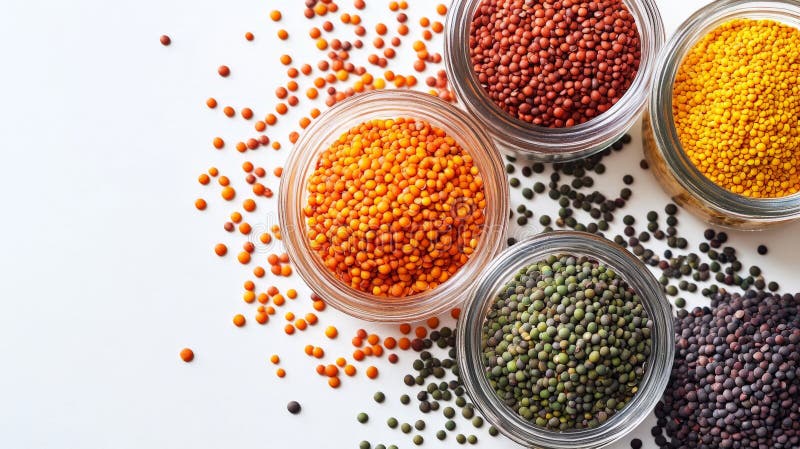 Lenticchie colorate in barattoli di vetro su una superficie bianca presentano varietà uniche immagine stock libera da diritti