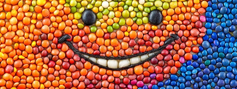 Lenticchie colorate disposte in un mosaico sorridente fotografia stock libera da diritti