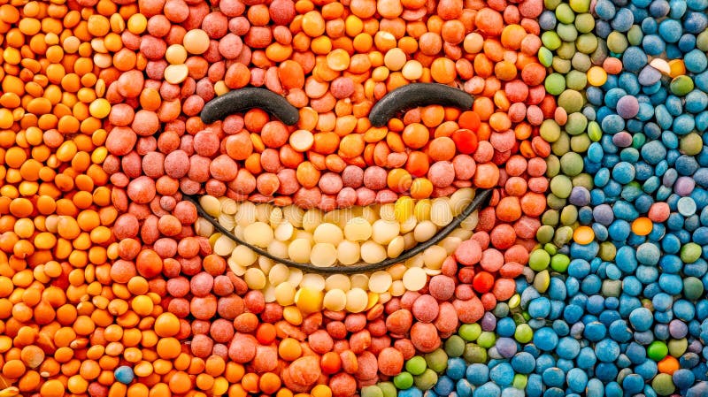 Lenticchie colorate disposte in un viso sorridente che creano un mosaico vibrante fotografia stock libera da diritti
