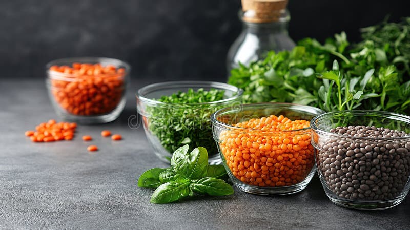 Lenticchie colorate erbe che cucinano prep scuro ricetta salutare fotografie stock