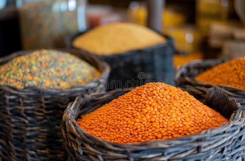 Lenticchie rosse straripate dal cestello di vimini nella bancarella del mercato fotografia stock libera da diritti