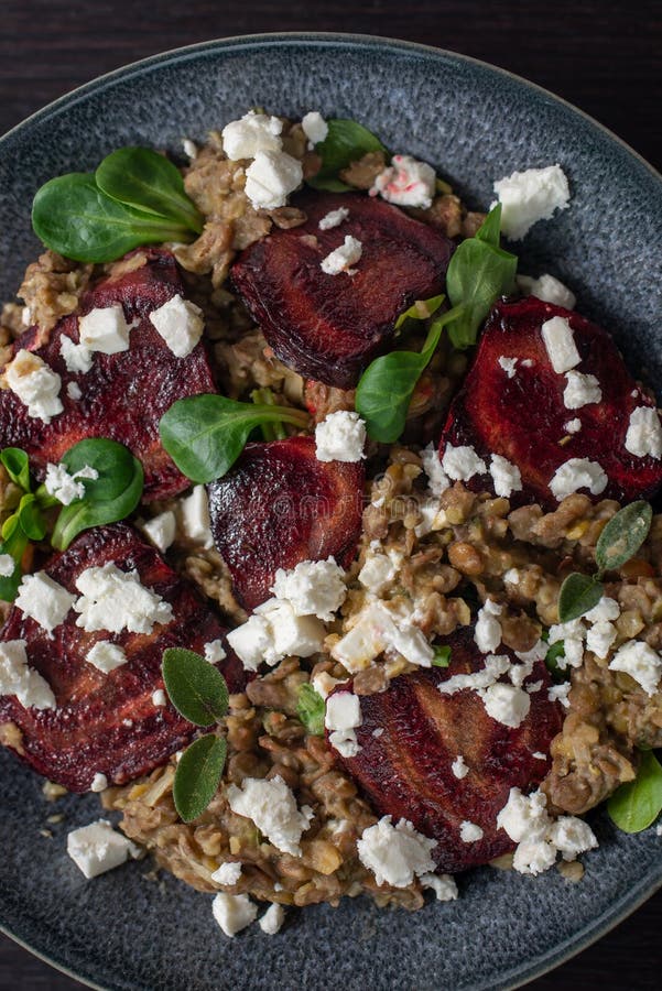 Lentil Salad with Beet Root and Feta Cheese Stock Photo Image of