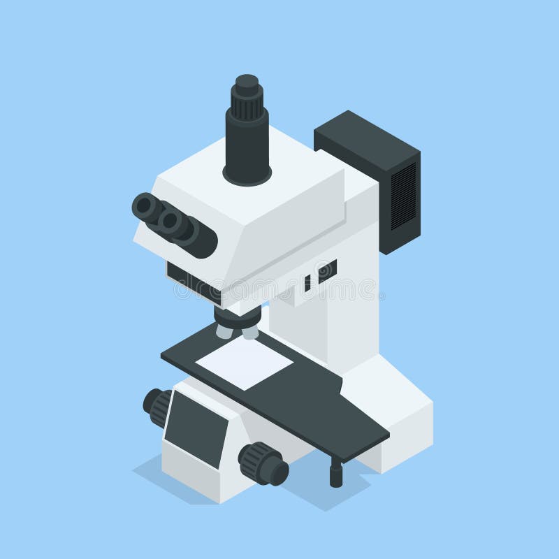 Lentilă izometrică de laborator a microscopului izolat pe alb. microscop al laboratorului științific și medical vector illustration