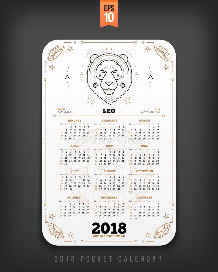 Leo 2018 Year Zodiac Calendar Pocket Size Vertical Layout Stock Vector