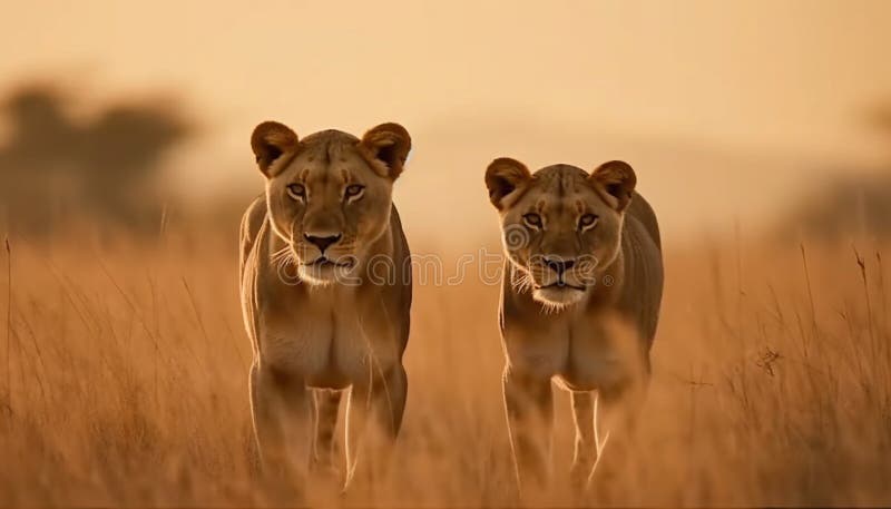 Leona silvestre mirando majestuosamente a la cámara en la puesta de sol de la sabana africana generada por ai.