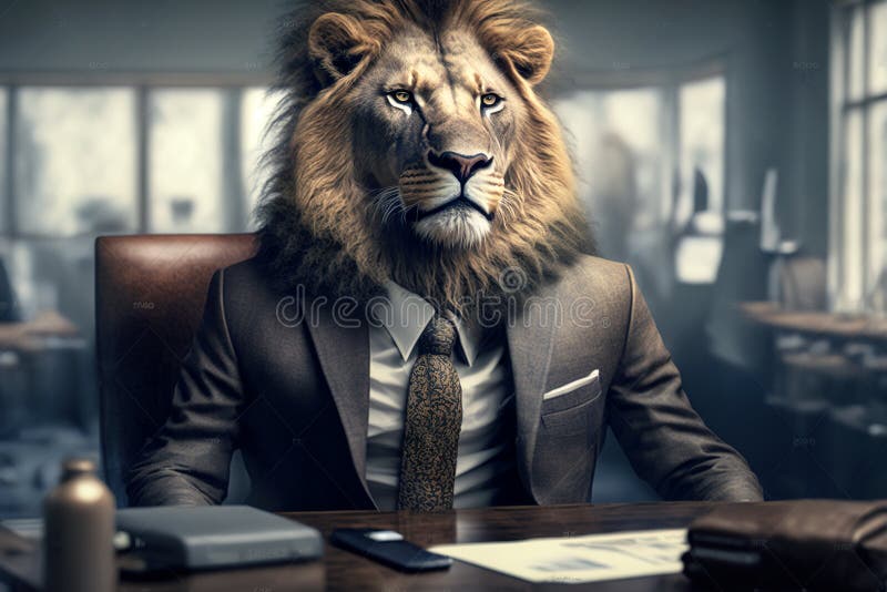 Leone che indossa una tuta da lavoro in ufficio capo con capo dell'AIE generativo animale illustrazione di stock