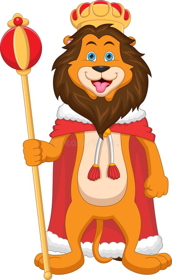 Leone da cartone animato che indossa una corona e tiene in mano un bastone royalty illustrazione gratis