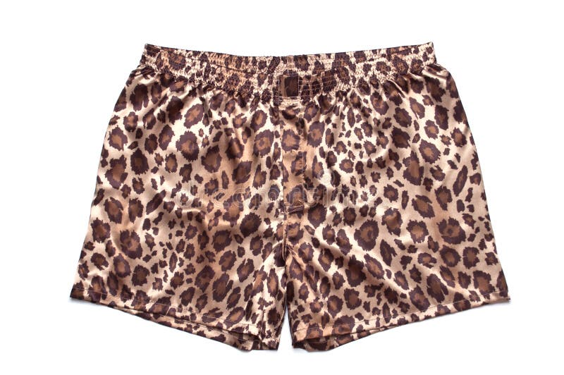 Leopard printed satin boxer shorts on white background. Leopard printed satin boxer shorts on white background