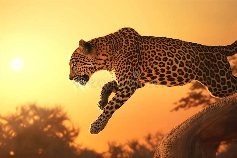 Leopard on the hunt in a jump on the day of Africa in nature against the backdrop of the rising sun. vector illustration.