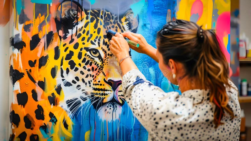 Leopard Painting in Abstract Studio Setting A Creative and Vibrant Acrylic Artwork Showcasing the Expressive and Innovative stock illustration