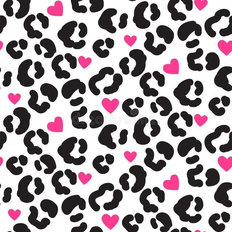 Leopard Print Pattern with Spots and Hearts. Black and White Leopard Abstract Skin Print. Stock