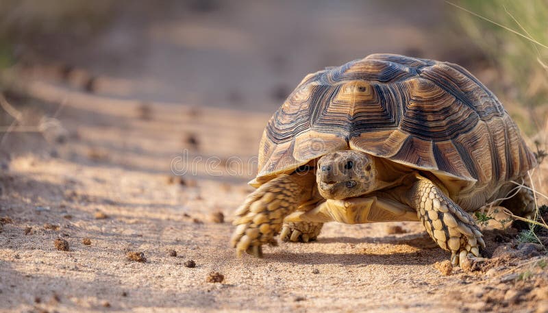 Leopard Tortoise Walking on a Sandy Path in the Afternoon Sun and Copy Space