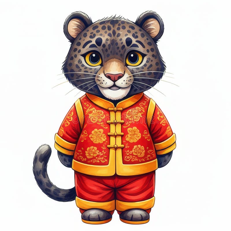 Leopard înnorat și drăguț în costum festiv, pui de leopard înnorat, adorabil, purtând un costum de leopard roșu aprins și auriu royalty free illustration