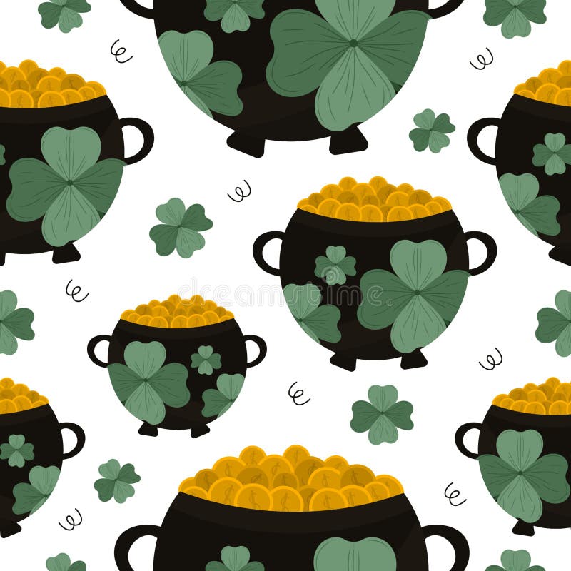Seamless Pattern Magical Leprechaun Pots with Gold on Isolated