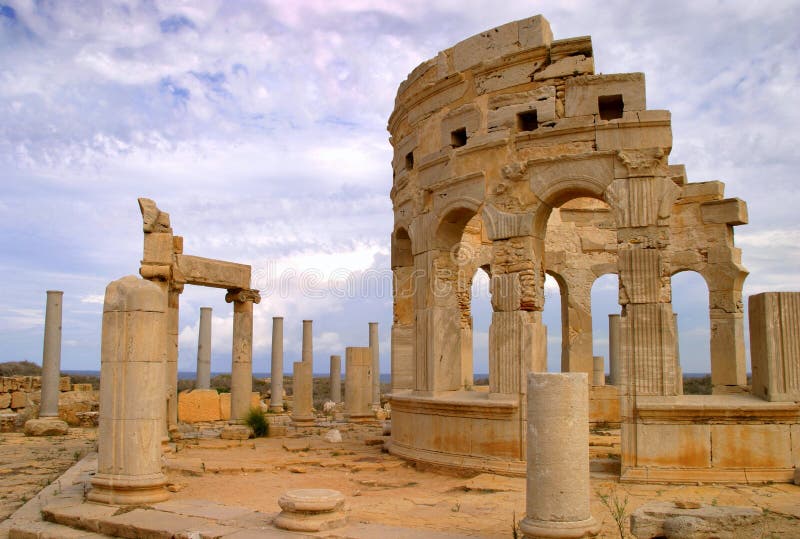 Libya Tripoli Leptis Magna Roman City. Birthplace of the Roman emperor, Septimius Severus - UNESCO World Heritage site. Arches and columns of the market place. Libya Tripoli Leptis Magna Roman City. Birthplace of the Roman emperor, Septimius Severus - UNESCO World Heritage site. Arches and columns of the market place.