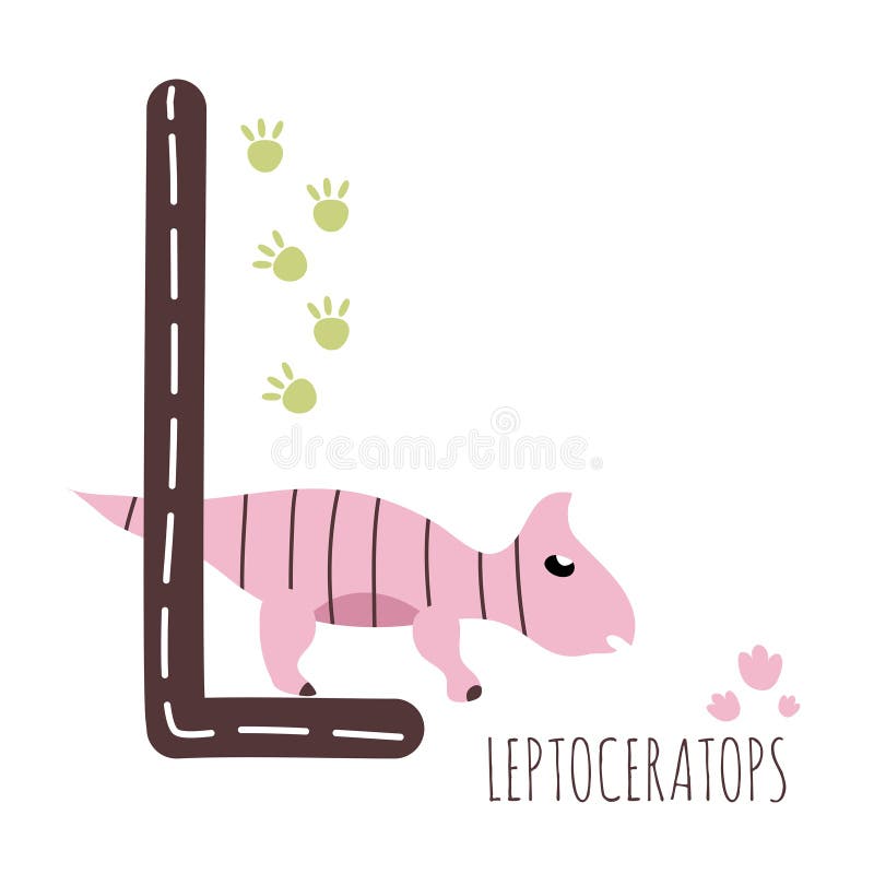 Leptoceratops. Letter L with reptile name. Hand drawn cute herbivores dinosaur. Educational prehistoric illustration. Dino alphabet. vector illustration