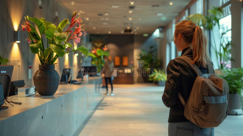 Ler flicka med ryggsäck i hotelllobbyn. resekoncept fotografering för bildbyråer