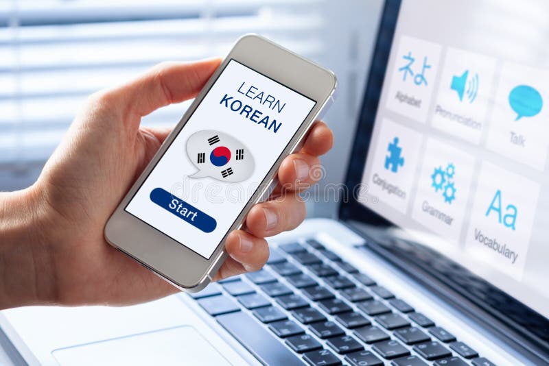 Leren koreaanse taal online concept mobiele telefoon vlag zuid - korea