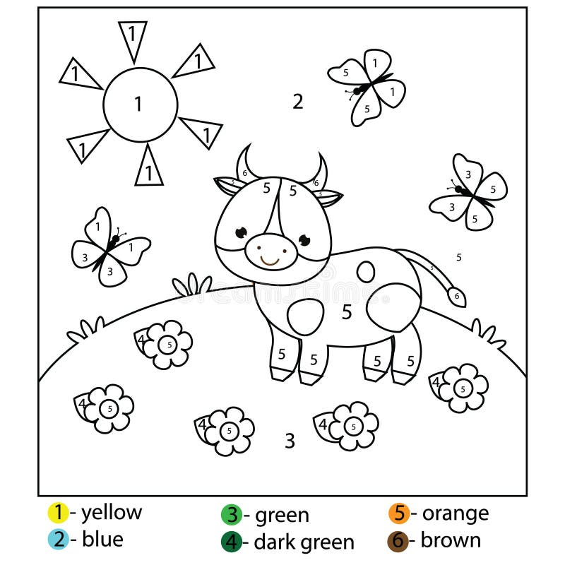 Lernspiel für Kinder und Kleinkinder Farbe durch Zahlen Bedruckbares Arbeitsblatt für Kinder Farbtonseite mit Kuh lizenzfreie abbildung Lernspiel für Kinder und Kleinkinder Farbe durch Zahlen Bedruckbares Arbeitsblatt für Kinder Farbtonseite mit Kuh lizenzfreie abbildung