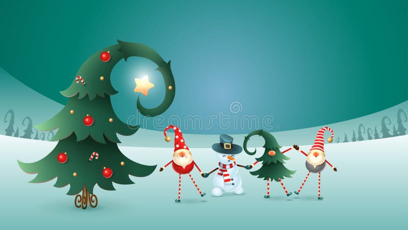 Happy friends celebrate Winter Solstice, Christmas and New Year - Scandinavian gnomes and snowman with decorated christmas tree. Happy friends celebrate Winter Solstice, Christmas and New Year - Scandinavian gnomes and snowman with decorated christmas tree