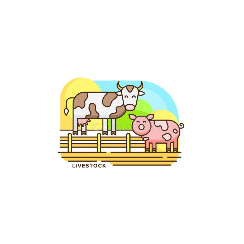 Farm livestock line icon. Farming illustration of cow and pig vector flat design isolated on white background. Farm logo template, element for agriculture business, linear icon object. Farm livestock line icon. Farming illustration of cow and pig vector flat design isolated on white background. Farm logo template, element for agriculture business, linear icon object