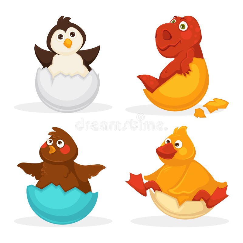 Baby animals hatch eggs or cartoon pets hatching. Vector flat isolated funny toy icons crocodile and dinosaur baby, chick or duck bird and penguin. Kid animal characters set. Baby animals hatch eggs or cartoon pets hatching. Vector flat isolated funny toy icons crocodile and dinosaur baby, chick or duck bird and penguin. Kid animal characters set