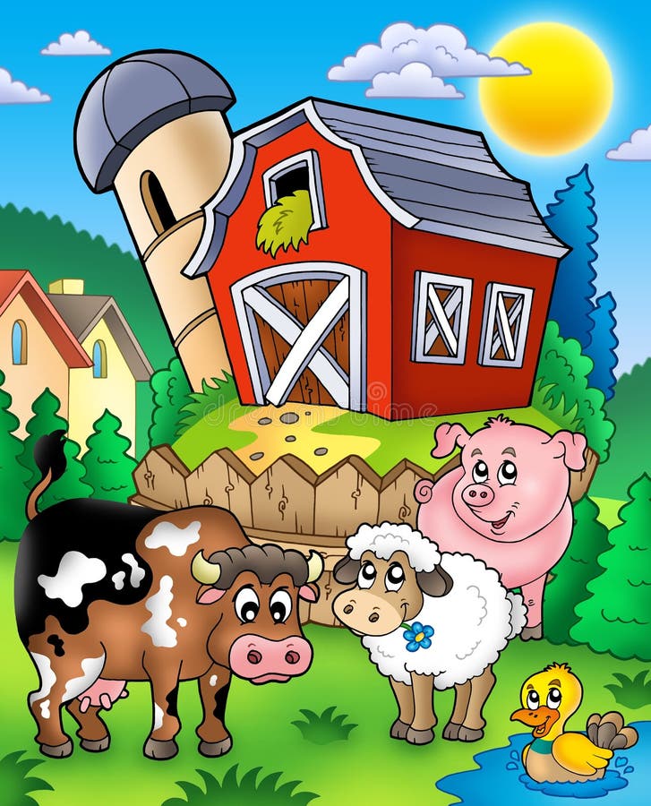 Farm animals near barn - color illustration. Farm animals near barn - color illustration.