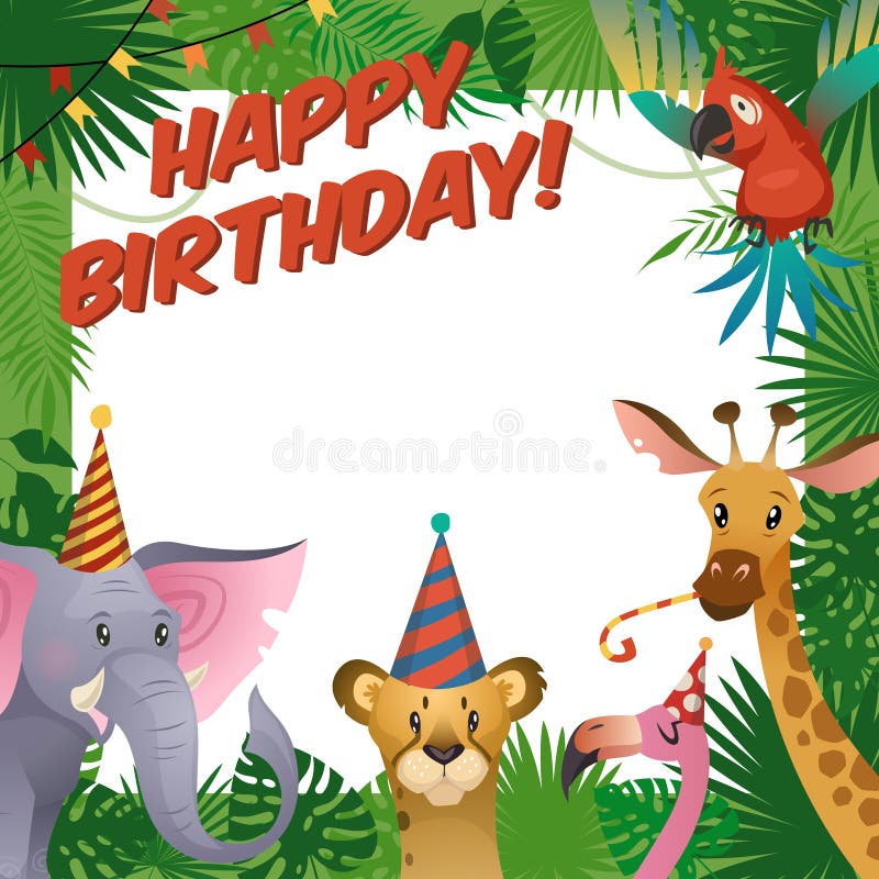 Les animaux de jungle font la fête la carte Le zoo tropical de salutation de fête de naissance de joyeux anniversaire célèbrent l illustration stock Les animaux de jungle font la fête la carte Le zoo tropical de salutation de fête de naissance de joyeux anniversaire célèbrent l illustration stock