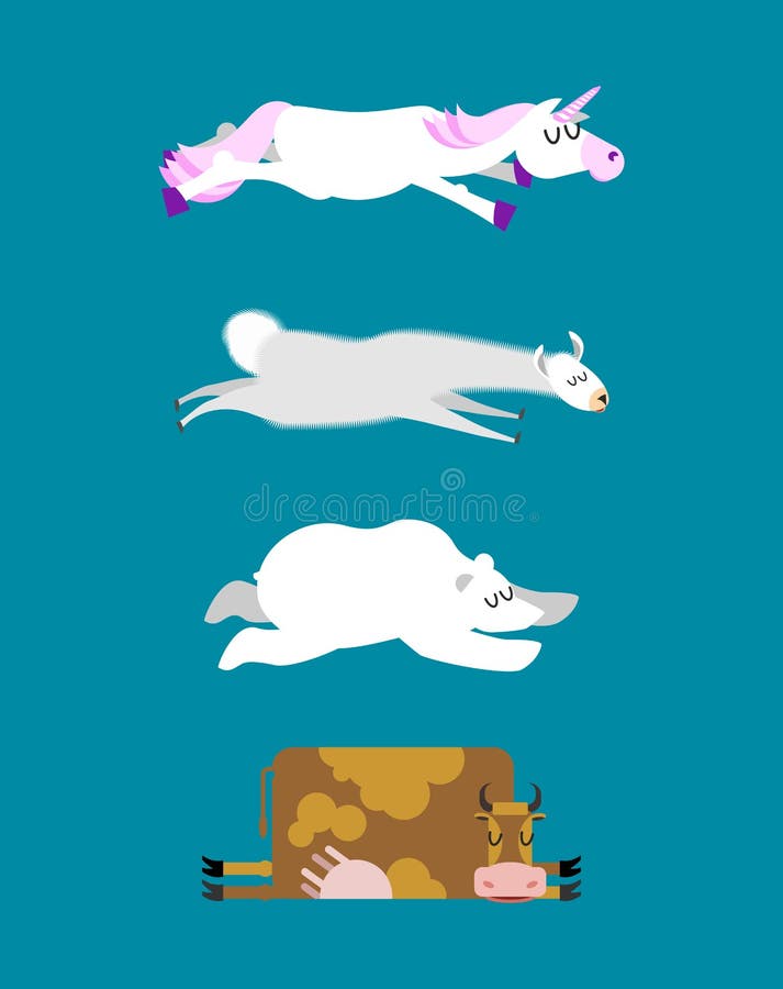 Les animaux de sommeil ont placé 3 Licorne et ours blanc Vache et lama W illustration de vecteur Les animaux de sommeil ont placé 3 Licorne et ours blanc Vache et lama W illustration de vecteur
