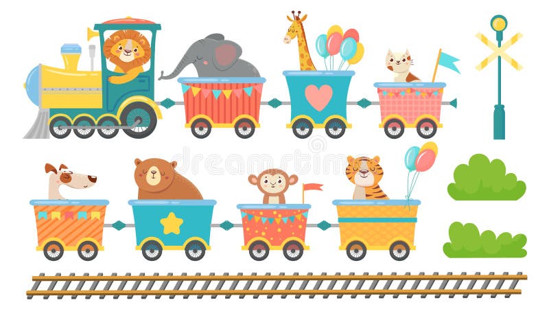 Les animaux mignons en train. Bête joyeuse dans la voiture de chemin de fer, les petits animaux de compagnie se promènent sur un illustration libre de droits Les animaux mignons en train. Bête joyeuse dans la voiture de chemin de fer, les petits animaux de compagnie se promènent sur un illustration libre de droits