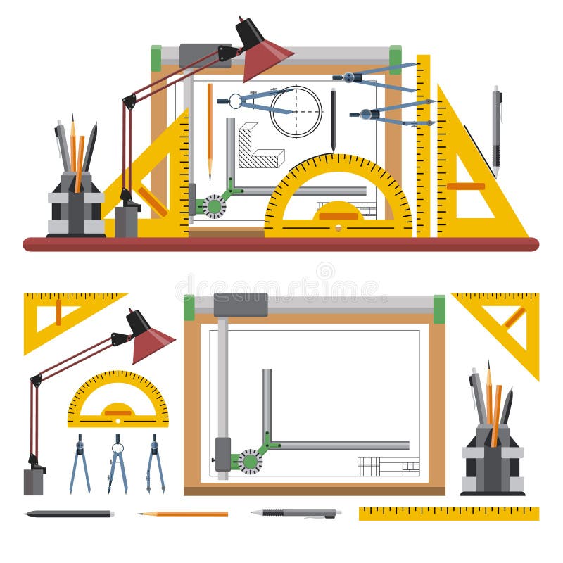 Les architectes et le lieu de travail de concepteur dirigent l'illustration dans le style plat Outils de dessin, panneau, instrum illustration stock Les architectes et le lieu de travail de concepteur dirigent l'illustration dans le style plat Outils de dessin, panneau, instrum illustration stock