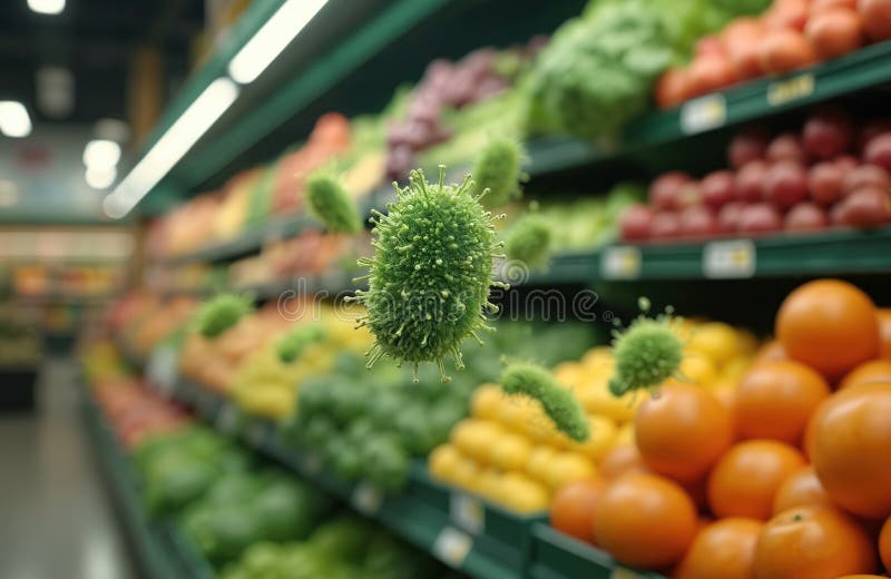 Les bactéries vertes flottent dans une section de produits d'épicerie. Risques invisibles pour l'hygiène et importance de la propr illustration libre de droits