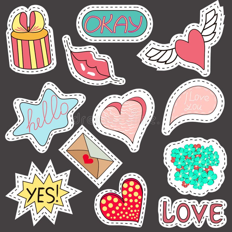 Les bandes dessinées de croquis ont placé des autocollants avec des coeurs, bulles de la parole, textotent frais, amour, foudre, illustration stock Les bandes dessinées de croquis ont placé des autocollants avec des coeurs, bulles de la parole, textotent frais, amour, foudre, illustration stock