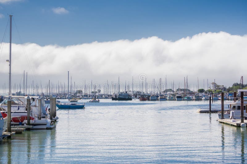 Marina in Sausalito; white large clouds in the background, San Francisco bay, California. Marina in Sausalito; white large clouds in the background, San Francisco bay, California