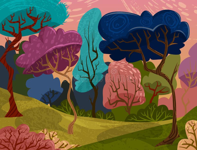 Les beaux arbres en été coloré de bande dessinée magique de forêt aménagent en parc illustration de vecteur