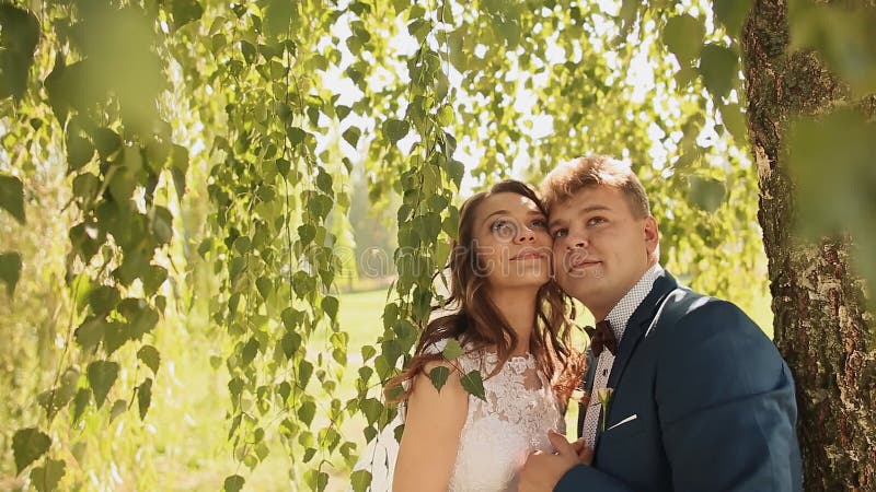 Les beaux et heureux jeunes mariés sous les branches des arbres de bouleau se réjouissent ensemble Joue à la joue avec fermé