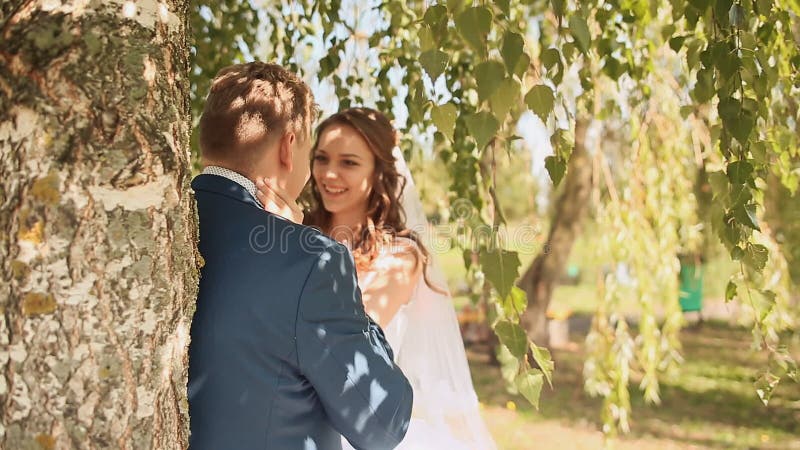 Les beaux et heureux jeunes mariés sous les branches des arbres de bouleau se réjouissent ensemble Mains émouvantes
