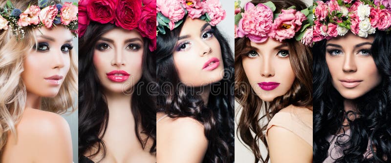 Les belles femmes font face à l'ensemble Fleurs colorées, maquillage et longs cheveux bouclés Portraits colorés lumineux de beaut images stock