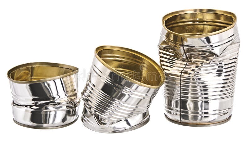 Three damaged tin cans isolated against a white background. DOF is from front to back (everything in focus). Three damaged tin cans isolated against a white background. DOF is from front to back (everything in focus).