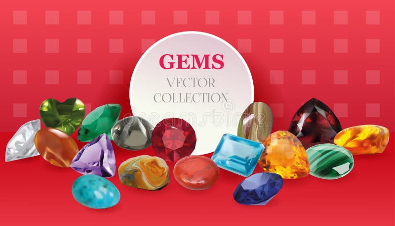 Les bijoux réalistes de gemmes de vecteur lapident la grande composition en collection sur le fond rouge illustration libre de droits Les bijoux réalistes de gemmes de vecteur lapident la grande composition en collection sur le fond rouge illustration libre de droits