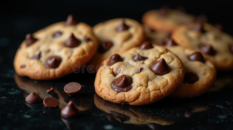 Les biscuits de puces de chocolat fraîchement cuits avec des morceaux de chocolat fondu d'argent image libre de droits