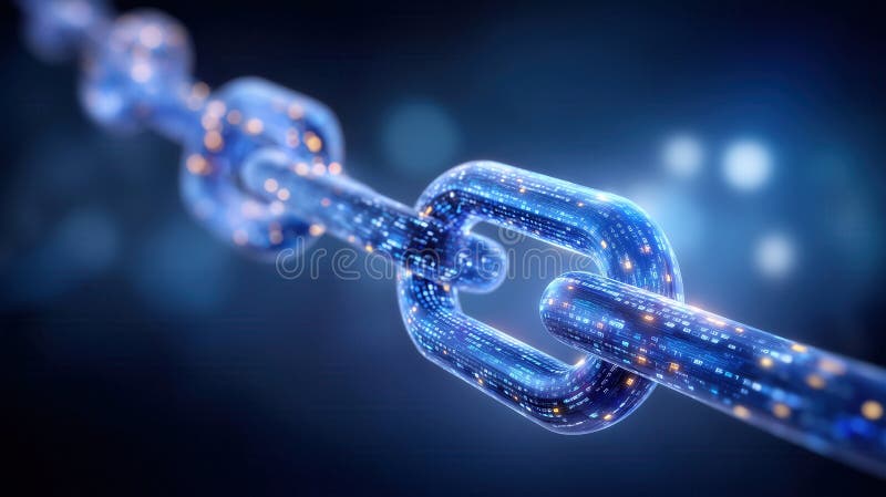Les blocs numériques connectés dans une chaîne transparente représentent la technologie blockchain. Un fond de technologie bleu fo images stock