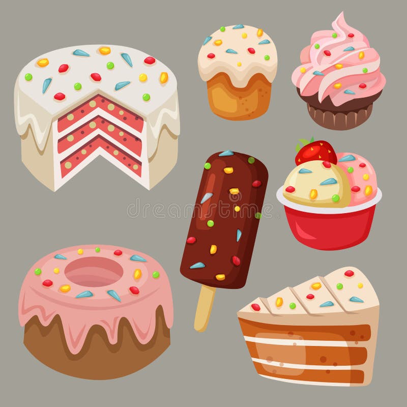 Les bonbons et le gâteau délicieux à vecteur d'actions avec l'arc-en-ciel arrose illustration stock Les bonbons et le gâteau délicieux à vecteur d'actions avec l'arc-en-ciel arrose illustration stock
