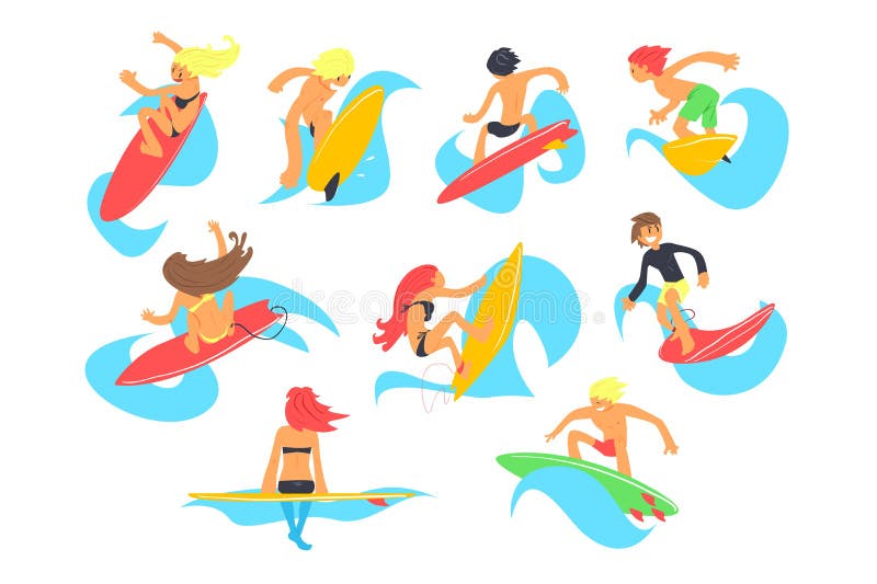 Les caractères de personnes de ressac avec des vagues d'équitation de planche de surf ont placé, des illustrations de vecteur de illustration libre de droits Les caractères de personnes de ressac avec des vagues d'équitation de planche de surf ont placé, des illustrations de vecteur de illustration libre de droits