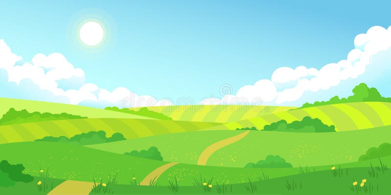 Les champs lumineux d'été coloré aménagent en parc, herbe verte, ciel bleu clair