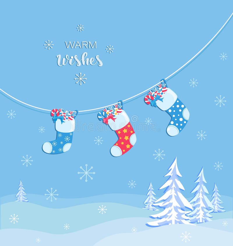 Les chaussettes de Noël en hiver Bonbons, cadeaux et neige Présentations illustration stock Les chaussettes de Noël en hiver Bonbons, cadeaux et neige Présentations illustration stock
