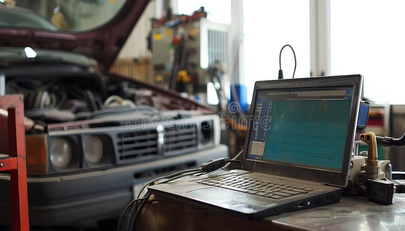 Les chiffres de couple de l'ordinateur portable et la puissance du cheval sont le moteur du véhicule pour les diagnostics et la co illustration de vecteur