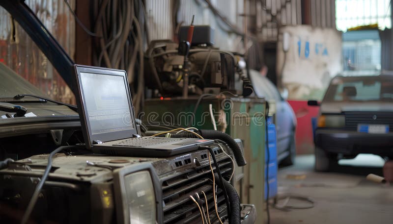 Les chiffres de couple de l'ordinateur portable et la puissance du cheval sont le moteur du véhicule pour les diagnostics et la configuration. Les machines de diagnostic sont prêtes à être utilisées avec la voiture. Voiture cassée dans l'atelier de réparation automobile. Ai de service automatique générée