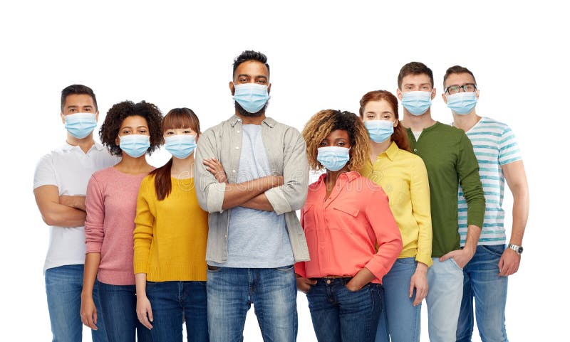 Health, quarantine and pandemic concept - group of people wearing protective medical masks for protection from virus. Health, quarantine and pandemic concept - group of people wearing protective medical masks for protection from virus